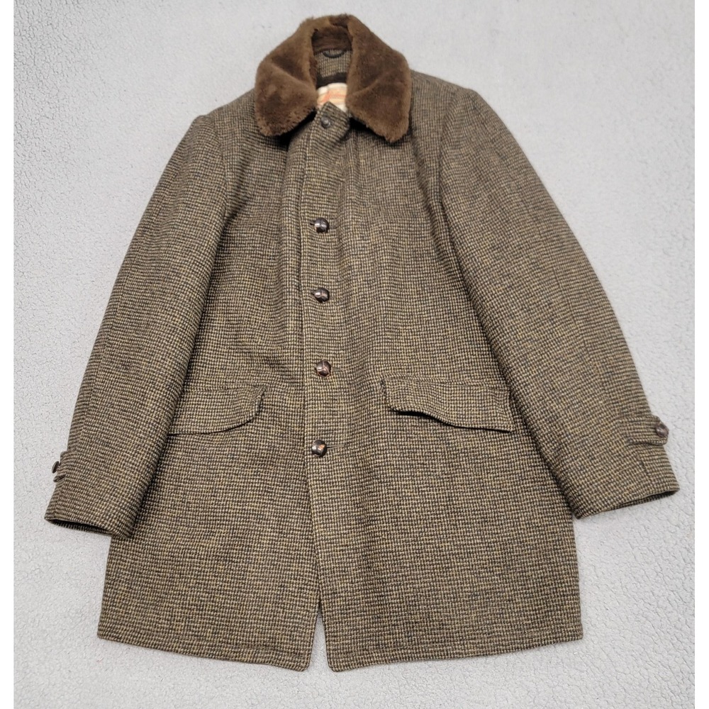 Vintage 50s Lakeland Sportswear Coat Mens 42 Brown Tweed Wool Faux Fur Lined‎